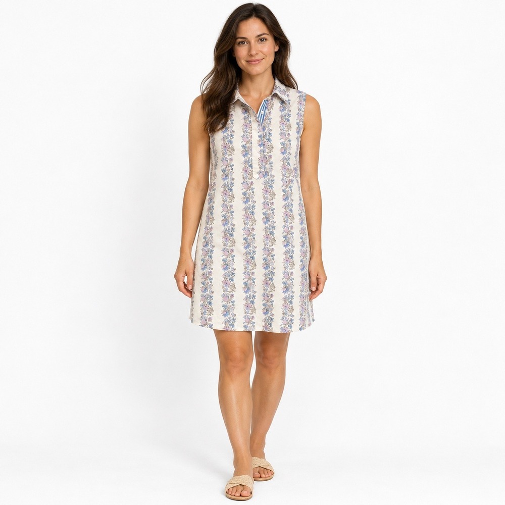 Vineyard Vines Dress S Blue Floral Cotton Sleeveless Collared Shift Pockets